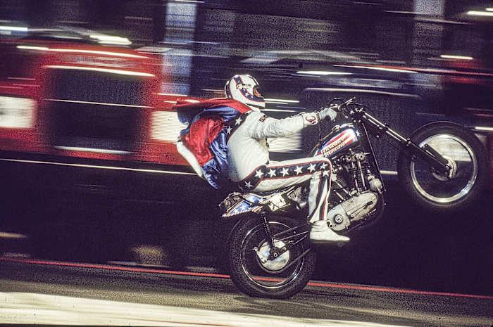 Knievel in 1974, revving his Harley and ramping up Christmas-toy sales.